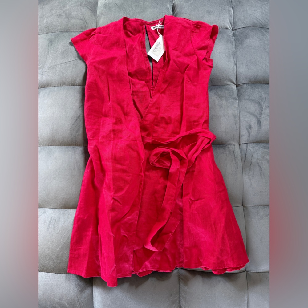 Reformation Cherry Red Linen Wrap Dress